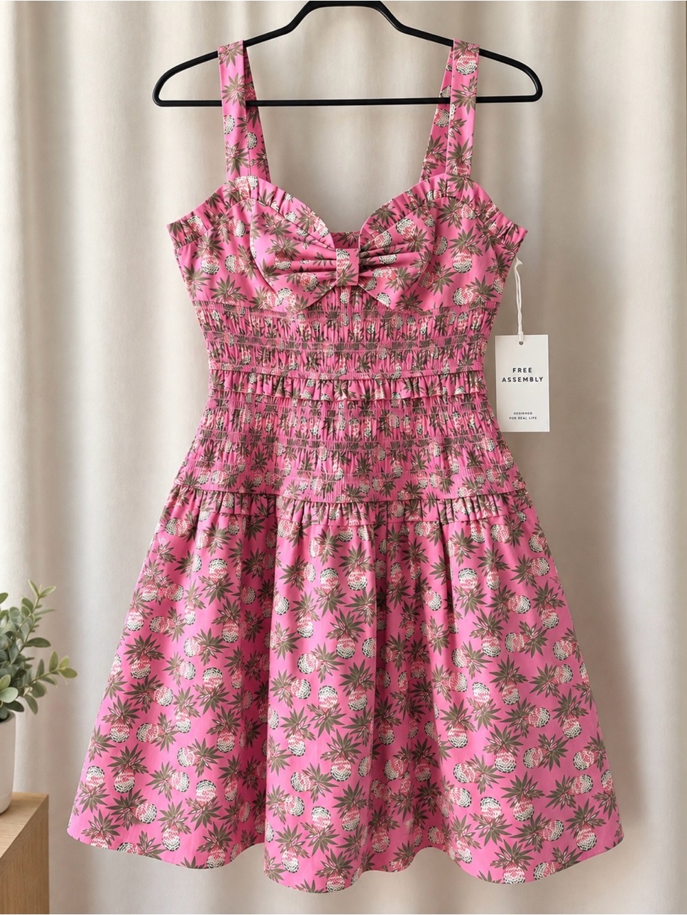 Free Assembly Pink Floral Tiered Smocked Mini Dress with Bow Detail